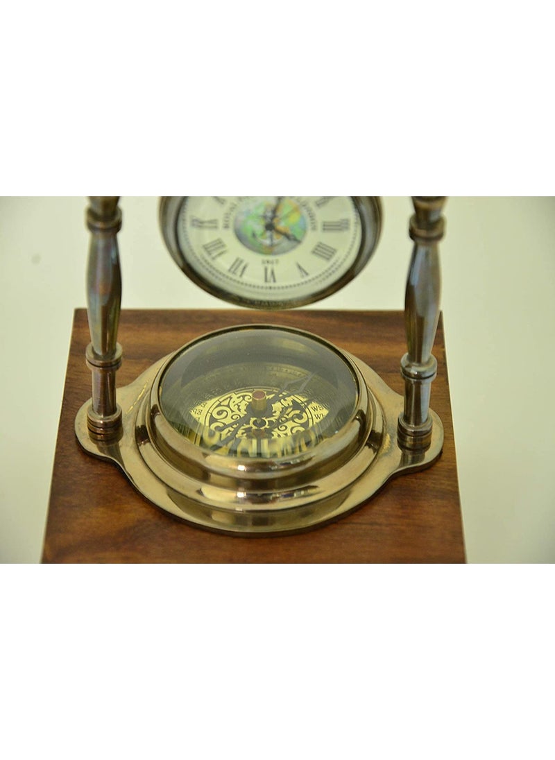 Royal Nautical Handmade Nautical Antique Brass Desk Shelf Clock with Compass Base Antique Brass Desk Hanging Clock with Compass Roman DialSet of 5 Pieces