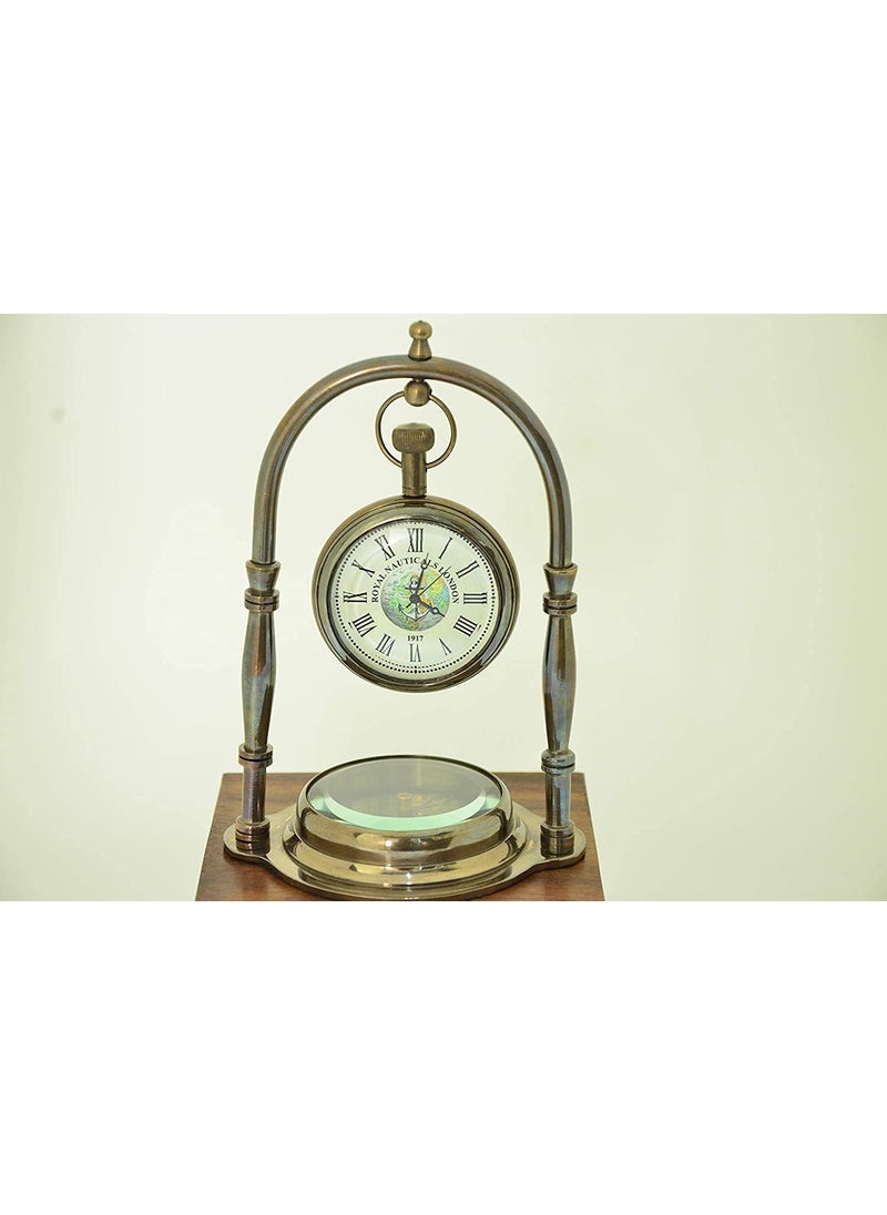 Royal Nautical Handmade Nautical Antique Brass Desk Shelf Clock with Compass Base Antique Brass Desk Hanging Clock with Compass Roman DialSet of 5 Pieces