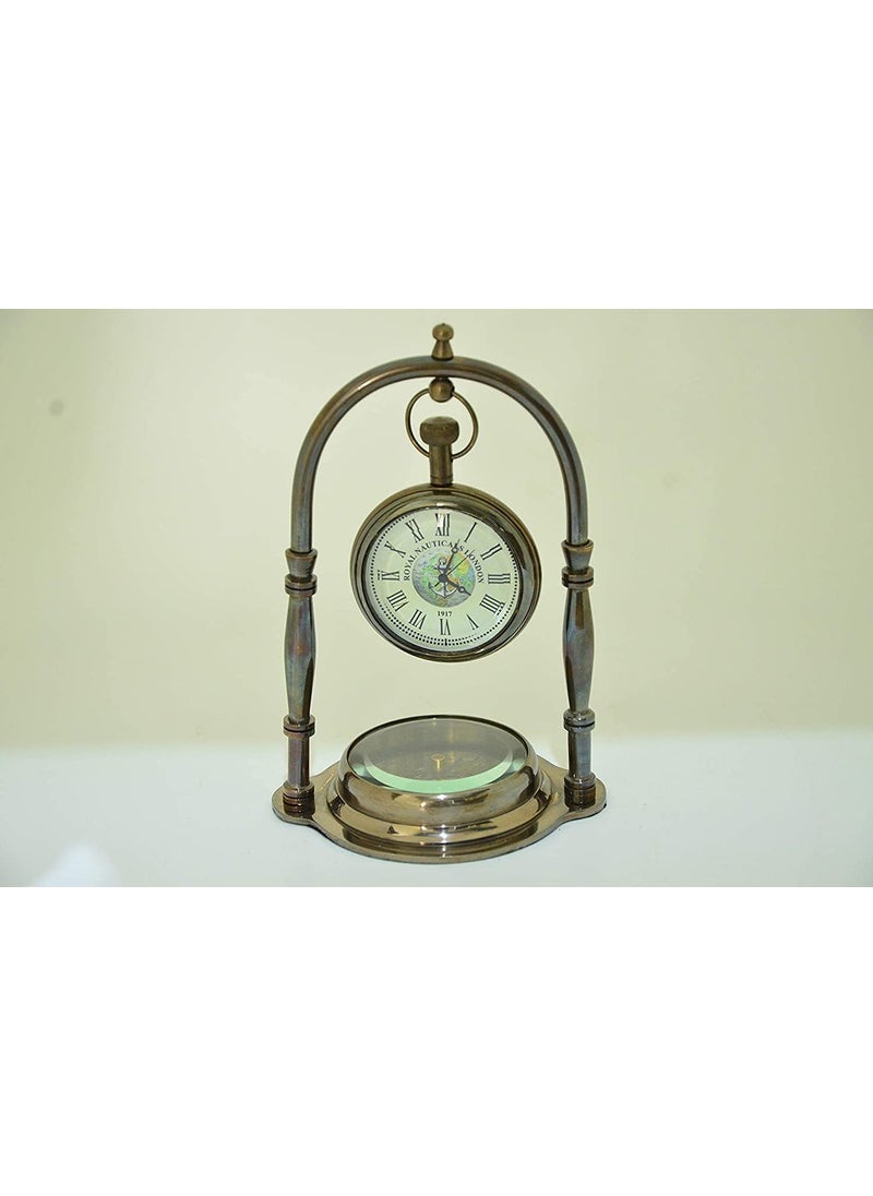 Royal Nautical Handmade Nautical Antique Brass Desk Shelf Clock with Compass Base Antique Brass Desk Hanging Clock with Compass Roman DialSet of 5 Pieces