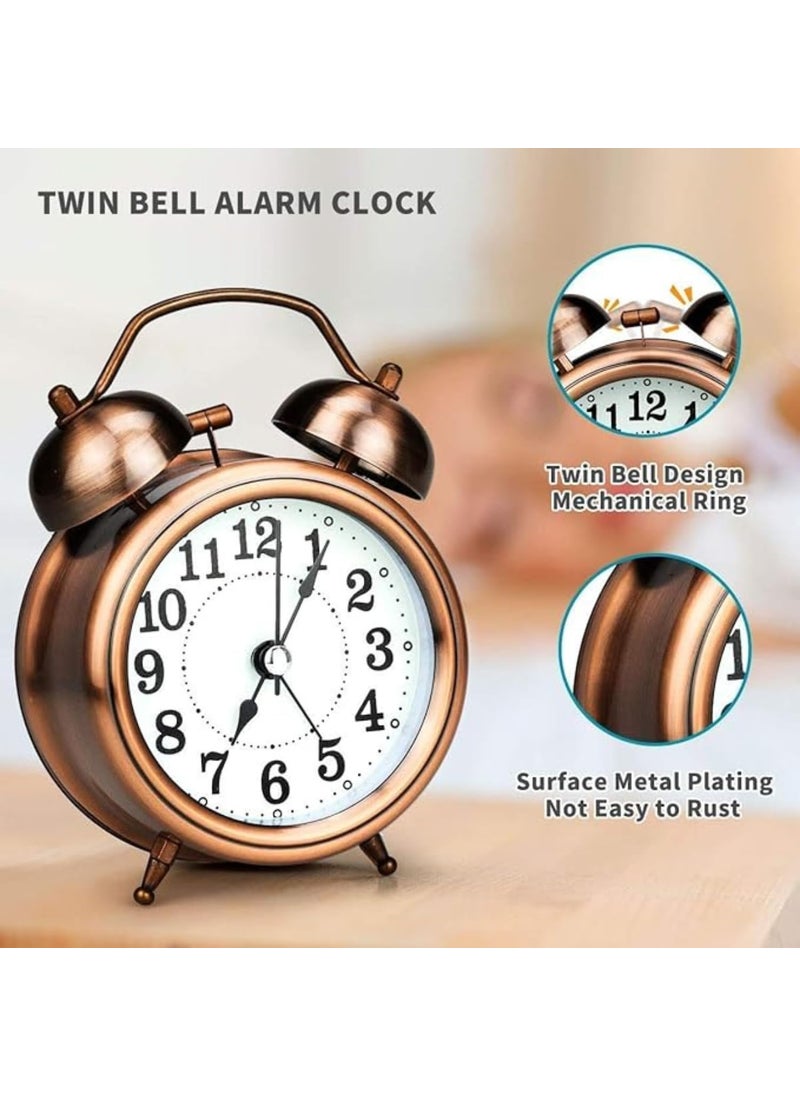 YALOWEEK Vintage Twin Bell Analog Display Table Alarm Clock with Night Led Light Heavy Slippers Extra Loud Alarm Clock Ideal for Student and Kids Bedroom Copper 12 cm