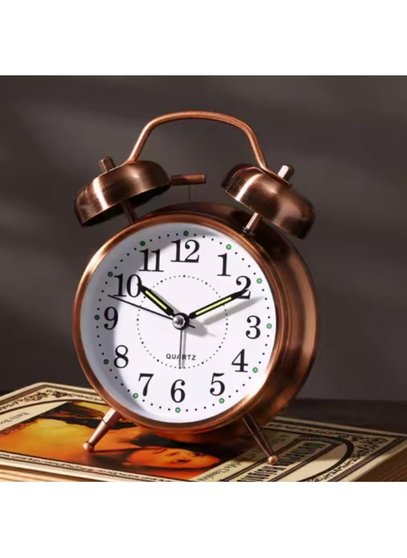 YALOWEEK Vintage Twin Bell Analog Display Table Alarm Clock with Night Led Light Heavy Slippers Extra Loud Alarm Clock Ideal for Student and Kids Bedroom Copper 12 cm