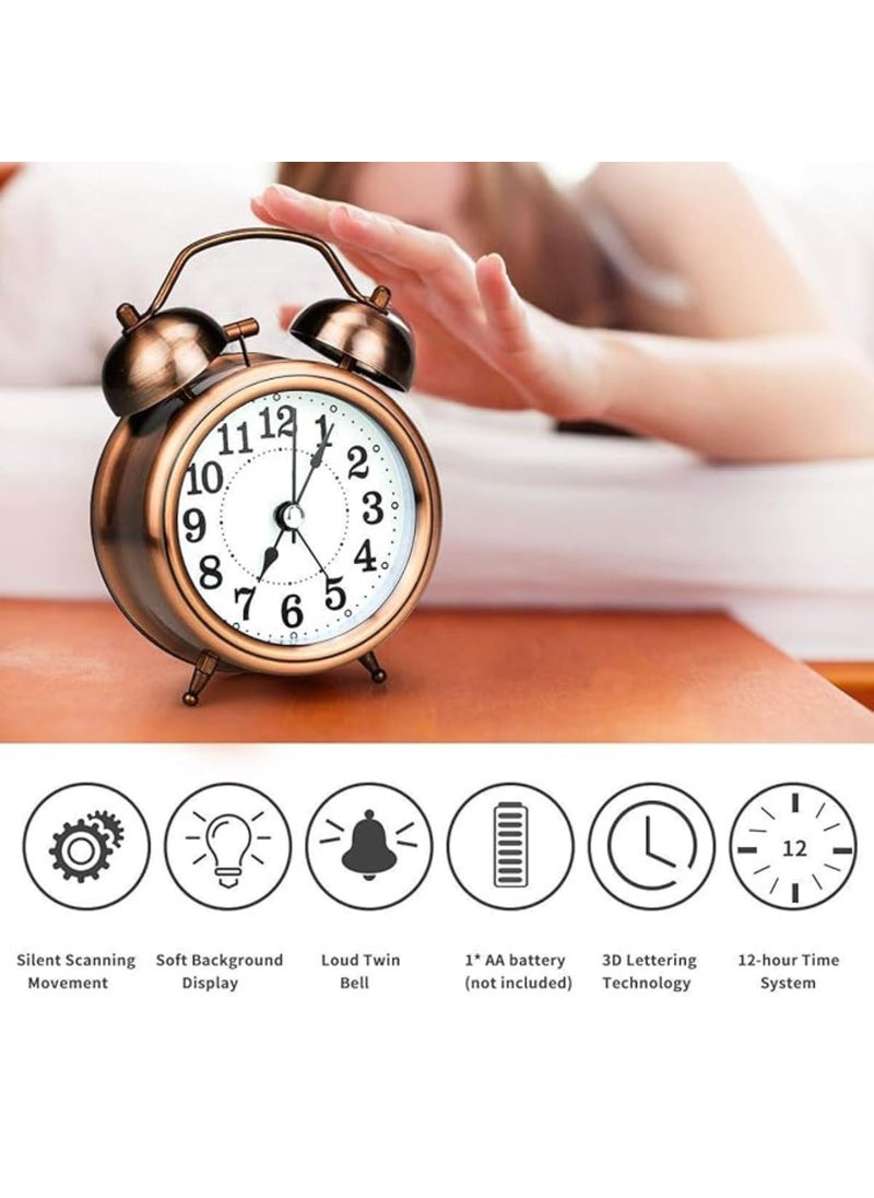 YALOWEEK Vintage Twin Bell Analog Display Table Alarm Clock with Night Led Light Heavy Slippers Extra Loud Alarm Clock Ideal for Student and Kids Bedroom Copper 12 cm