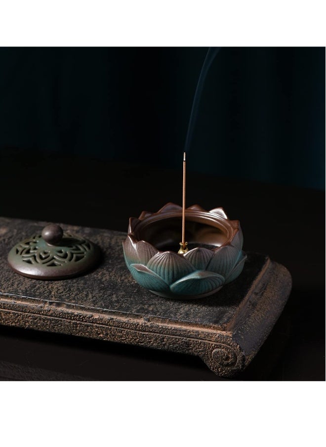 Incense Holder Ceramic Lotus for Incense Cone Incense Stick and Coil Incense Set for Office Yoga and Livingroom