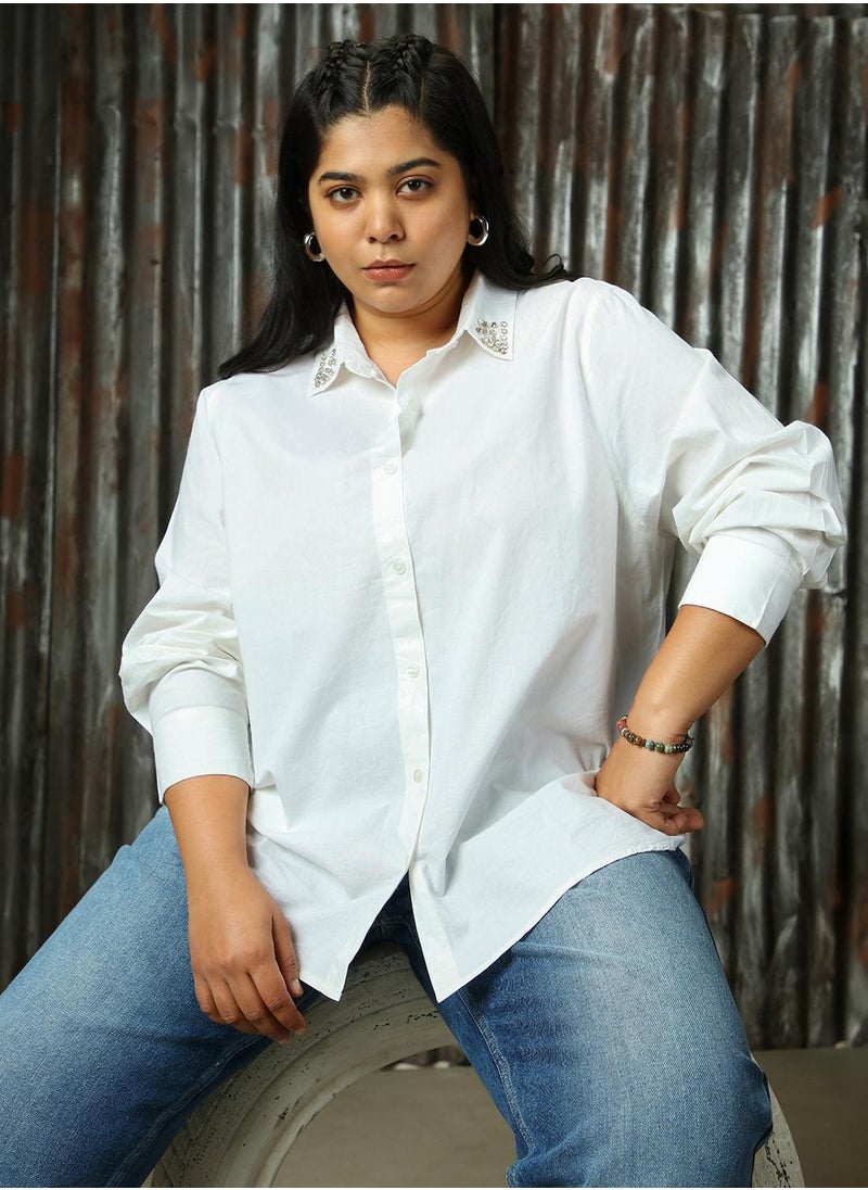 Women's White 100% Cotton Solid Plus Size Button Down Shirt