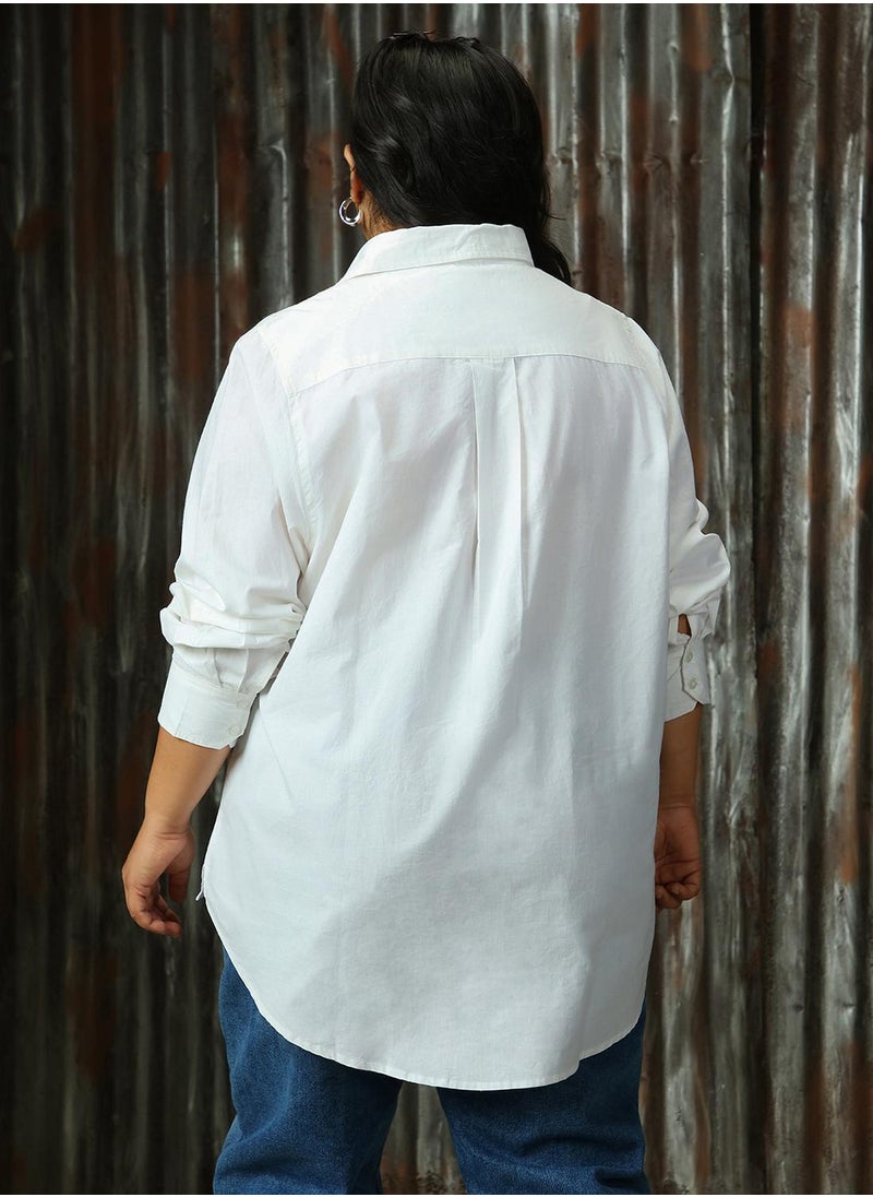 Women's White 100% Cotton Solid Plus Size Button Down Shirt