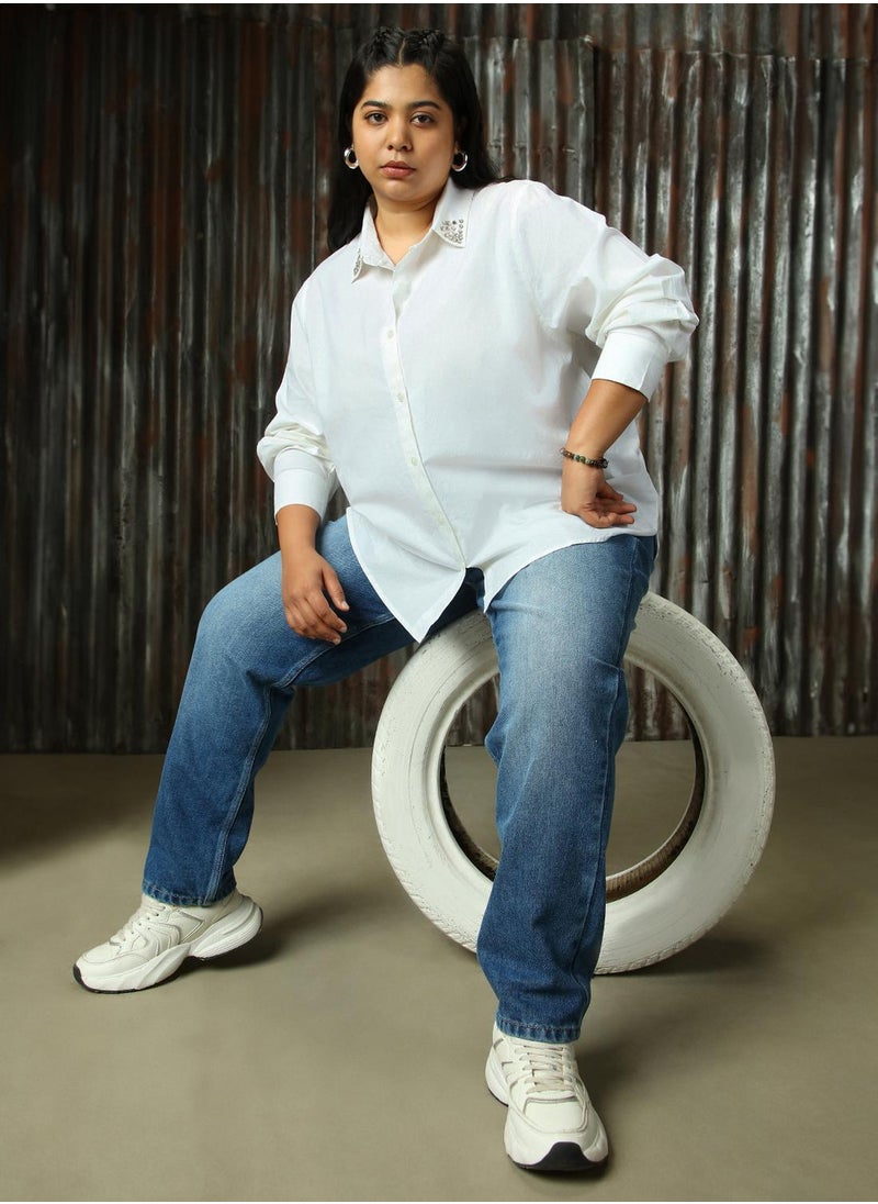 Women's White 100% Cotton Solid Plus Size Button Down Shirt