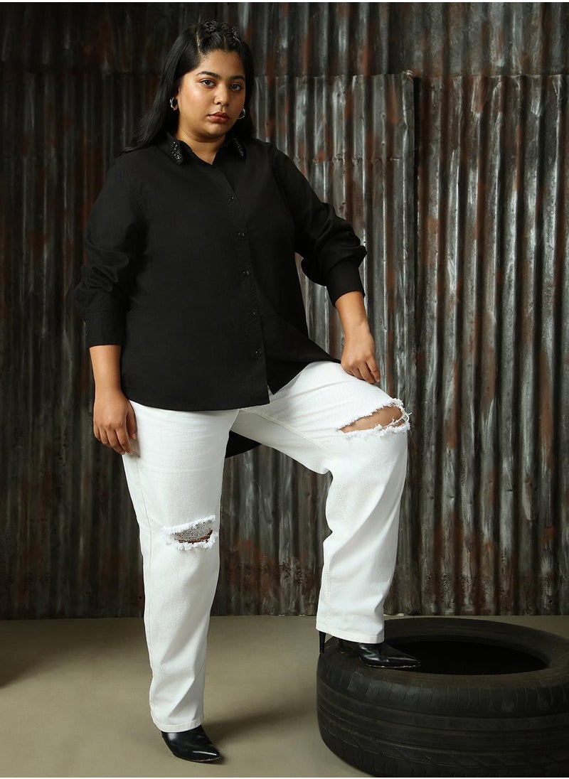 Women's Black 100% Cotton Solid Plus Size Button Down Shirt