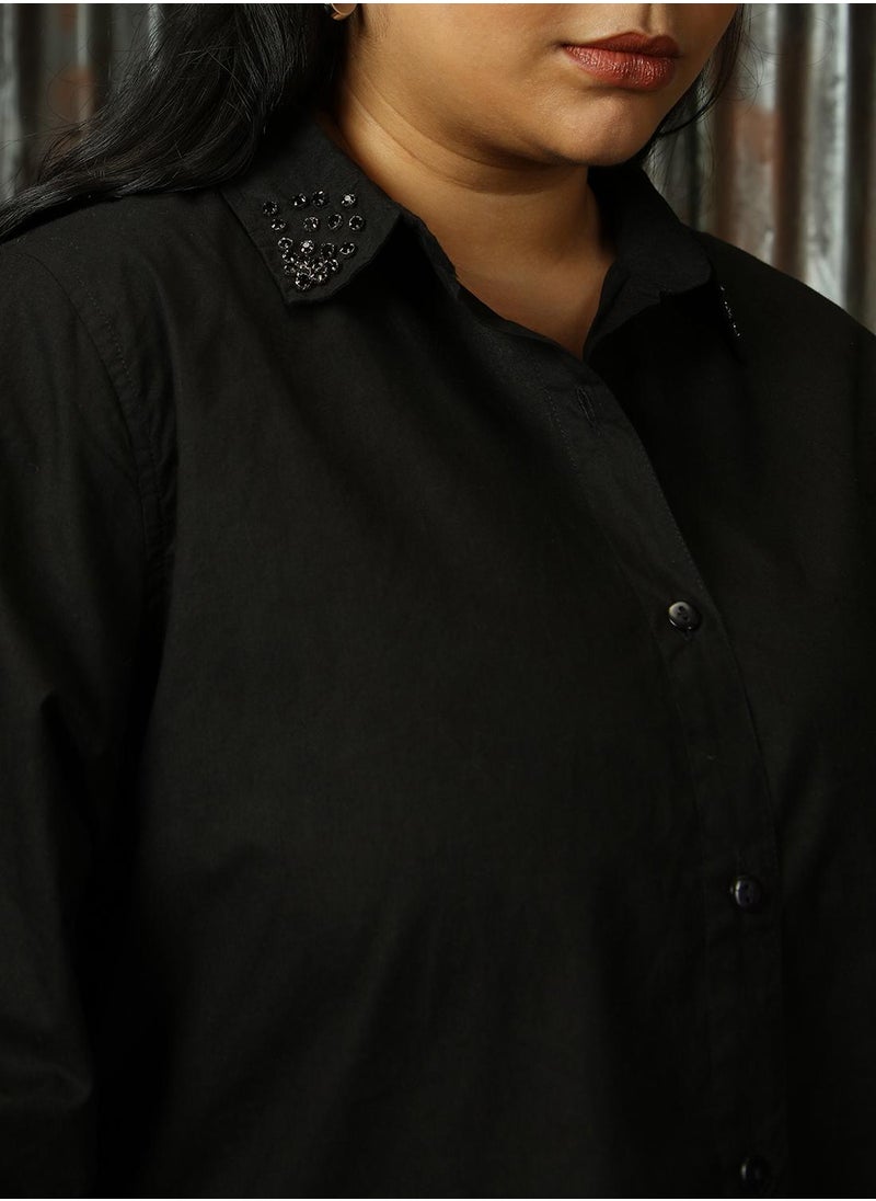 Women's Black 100% Cotton Solid Plus Size Button Down Shirt