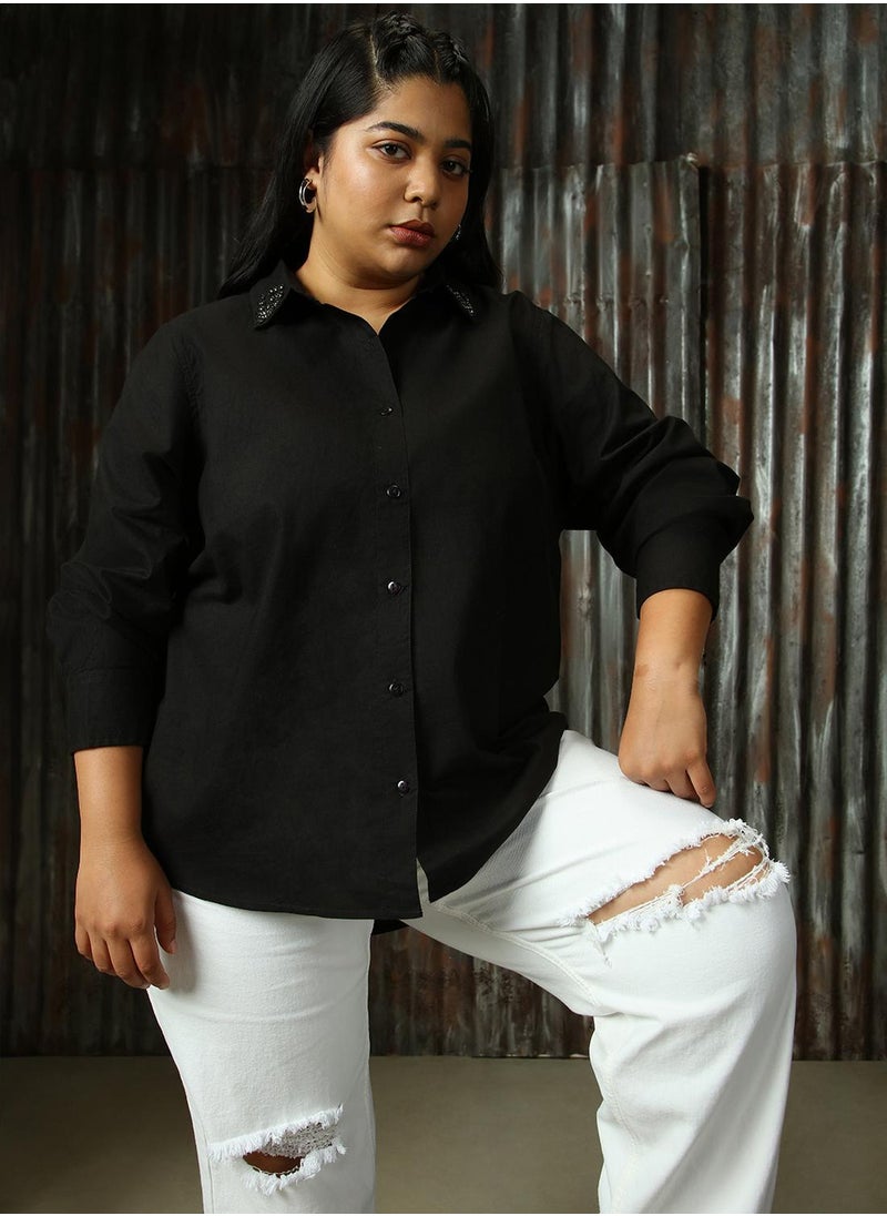 Women's Black 100% Cotton Solid Plus Size Button Down Shirt