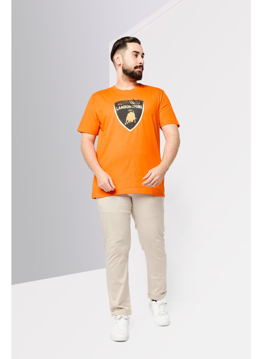 Men Crew Neck Short Sleeve Brand Logo T-Shirt, Orange