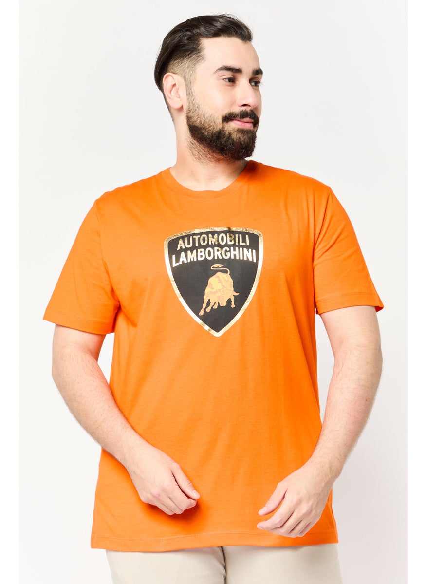 Men Crew Neck Short Sleeve Brand Logo T-Shirt, Orange