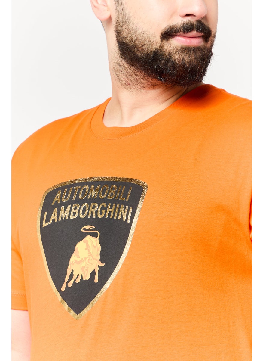 Men Crew Neck Short Sleeve Brand Logo T-Shirt, Orange
