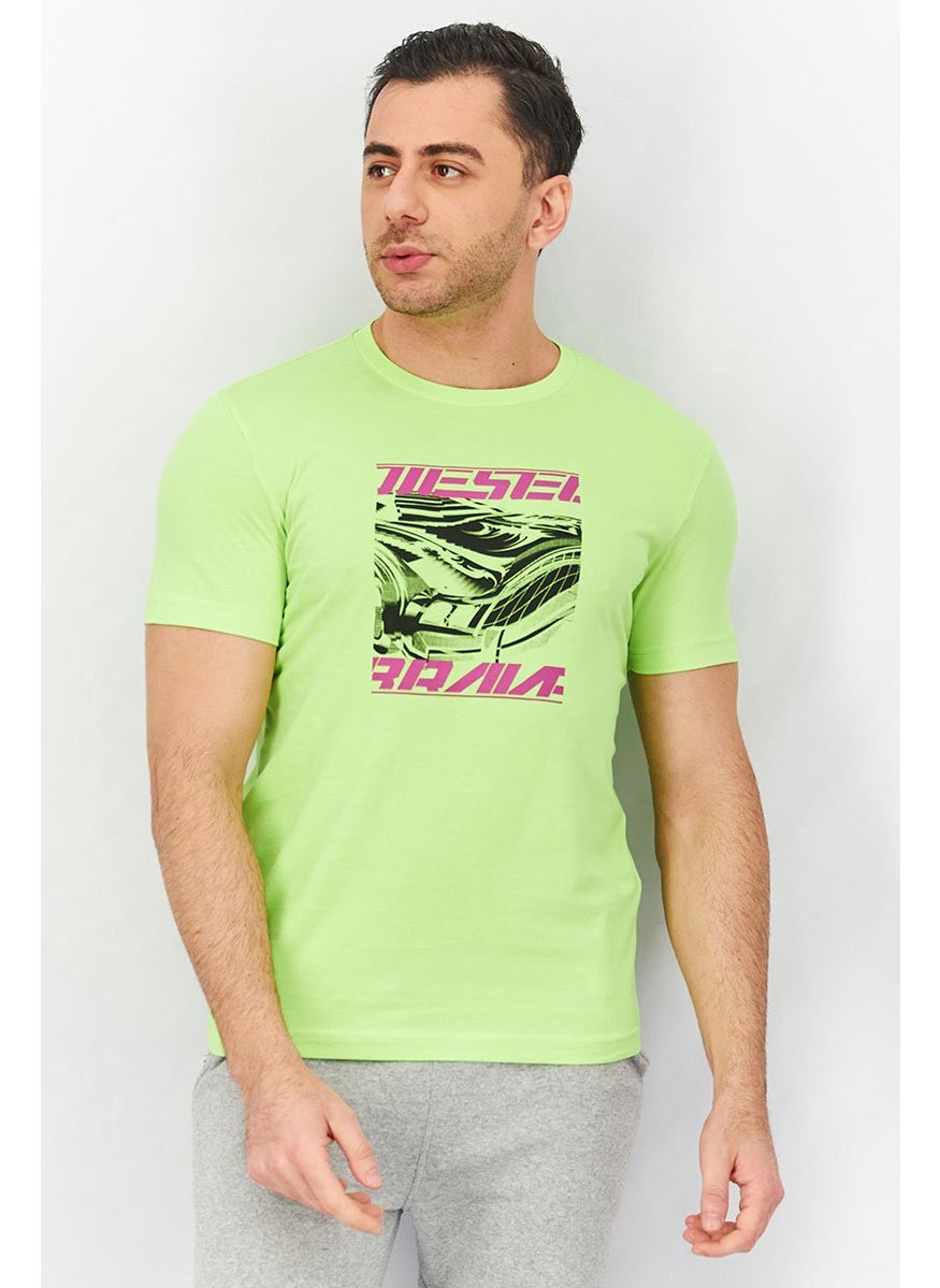 Men Crew Neck Short Sleeve Graphic Print T-shirt, Lime Geen