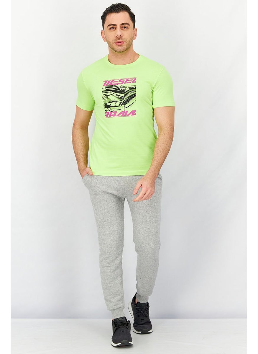 Men Crew Neck Short Sleeve Graphic Print T-shirt, Lime Geen