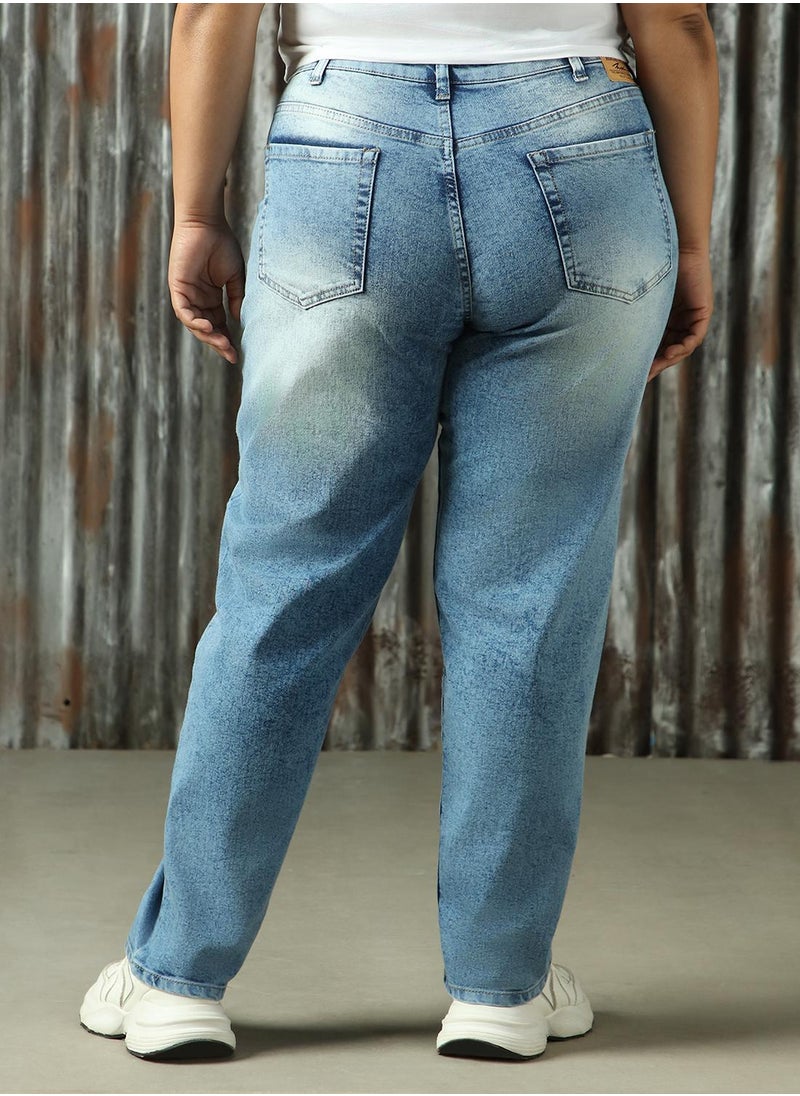 Women's Indigo Cotton Blend Distressed Plus Size Jeans