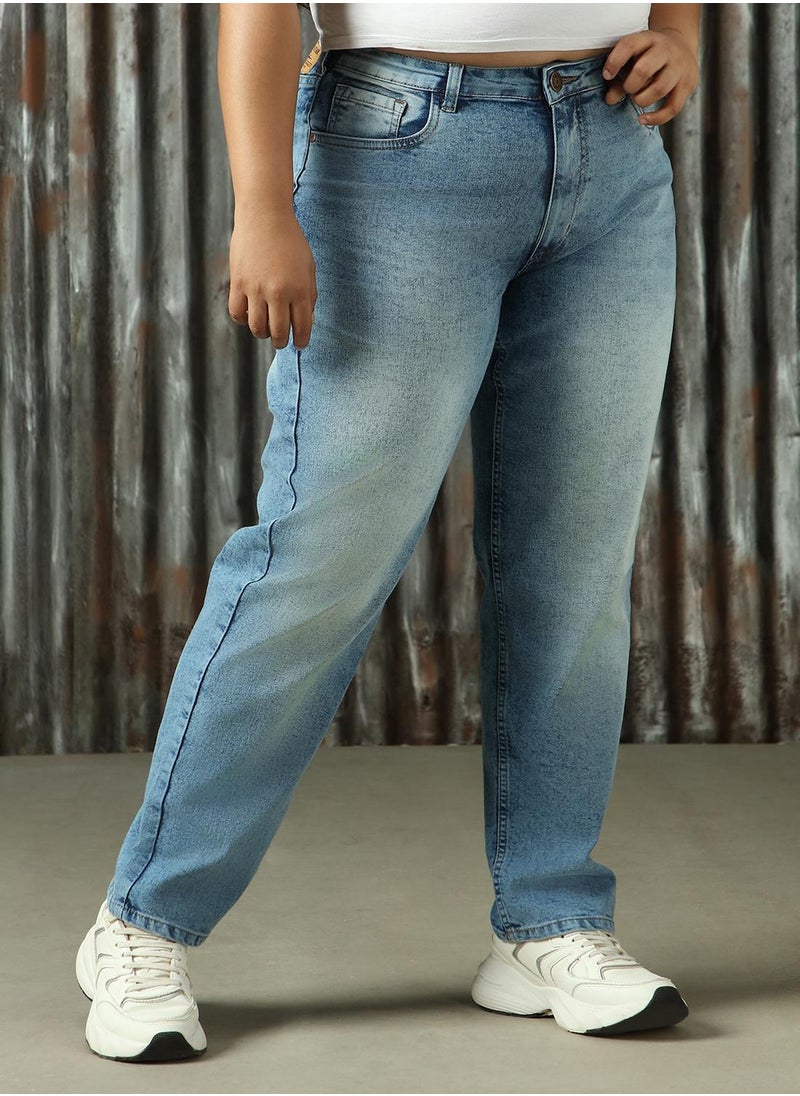 Women's Indigo Cotton Blend Distressed Plus Size Jeans