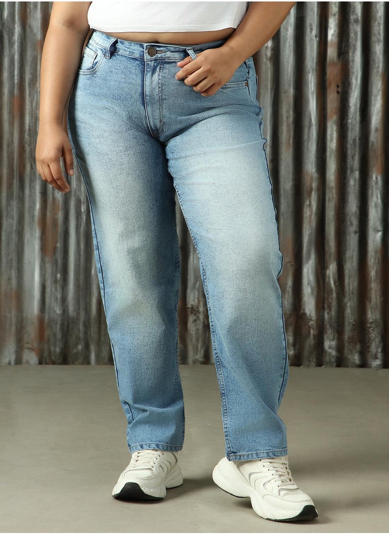 Women's Indigo Cotton Blend Distressed Plus Size Jeans