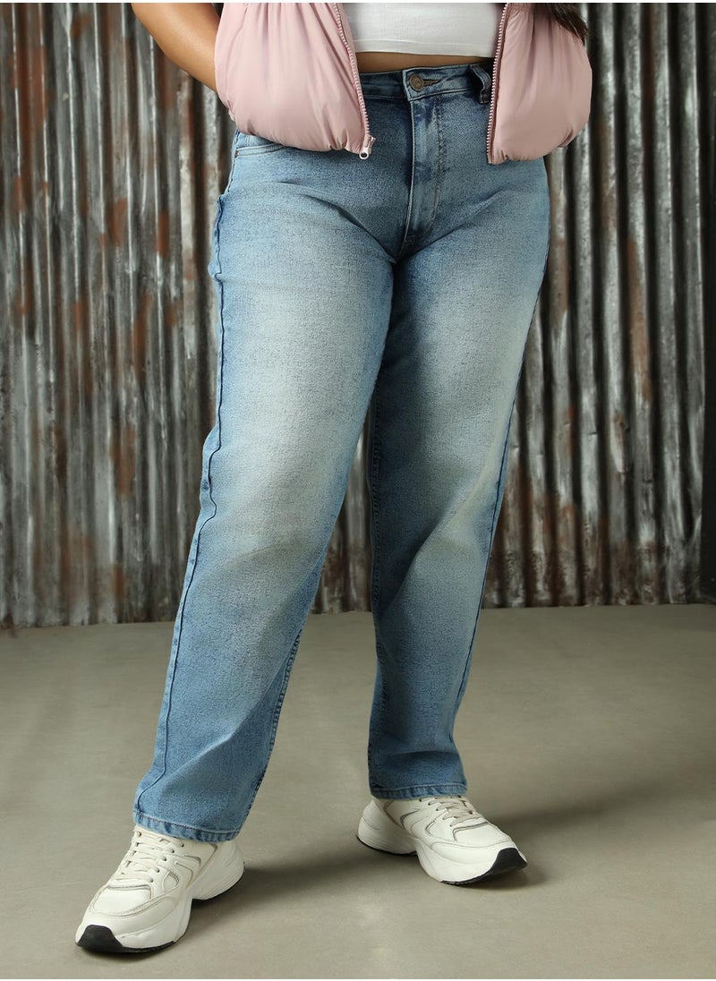Women's Indigo Cotton Blend Distressed Plus Size Jeans