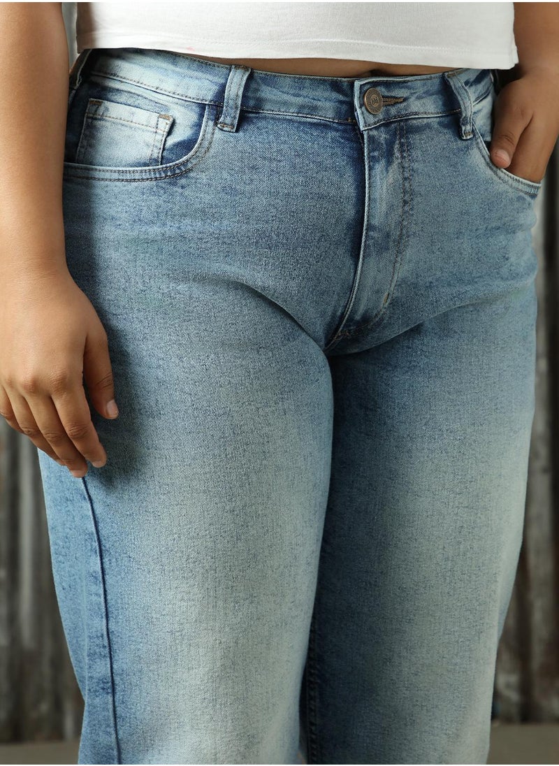 Women's Indigo Cotton Blend Distressed Plus Size Jeans