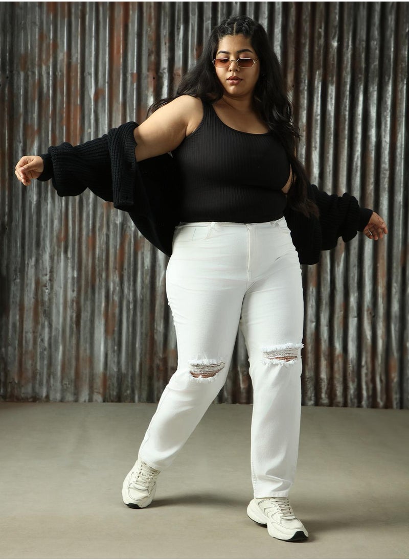 Women's White Cotton Blend Distressed Plus Size Jeans