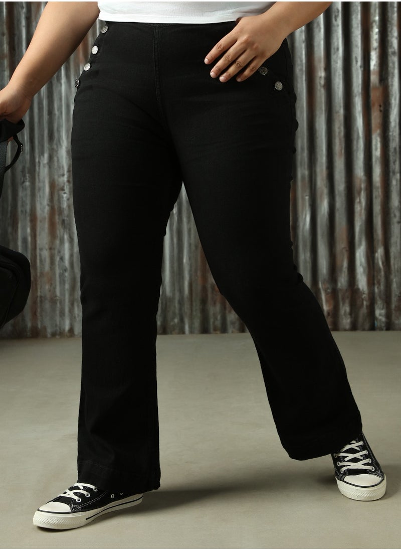 Women's Black Cotton Blend Solid Plus Size Jeans