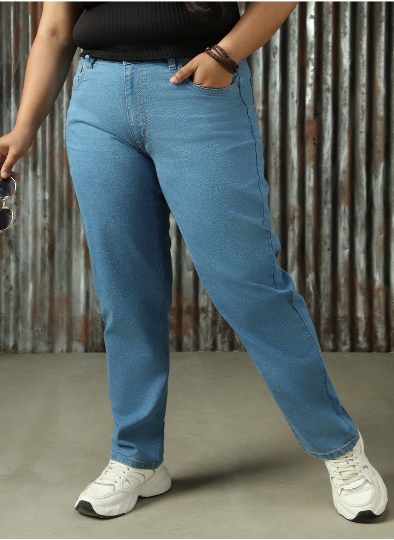 Women's Indigo Cotton Blend Distressed Plus Size Jeans