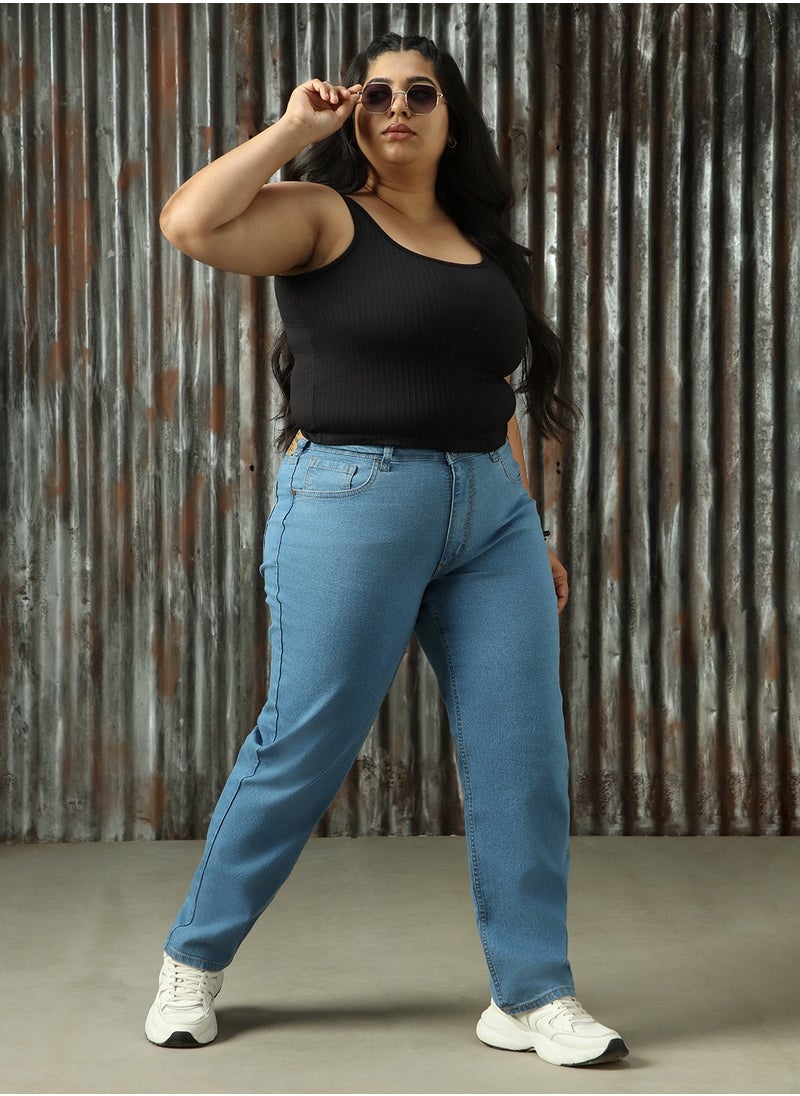 Women's Indigo Cotton Blend Distressed Plus Size Jeans