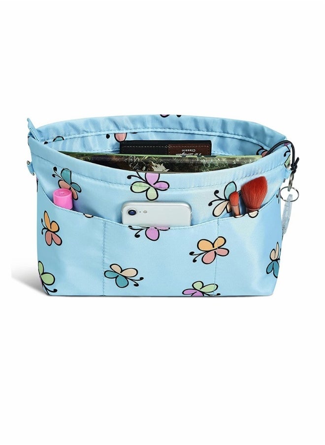 Organizer Bag, Premium Nylon Purse Organizer, Tote, Handbag Insert Organizers Bag in Bag Zipper, 13 Pockets, Blue Butterfly (Small)
