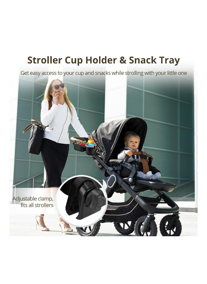 2-In-1 Stroller Cup Holder with Snack Tray, Universal Stroller Tray & Drink Holder with 360-Degree Non-Slip Clamp, Clamp Adjustable In Width, Fit All Strollers, Shopping Carts, Push Walkers(1 Pack)