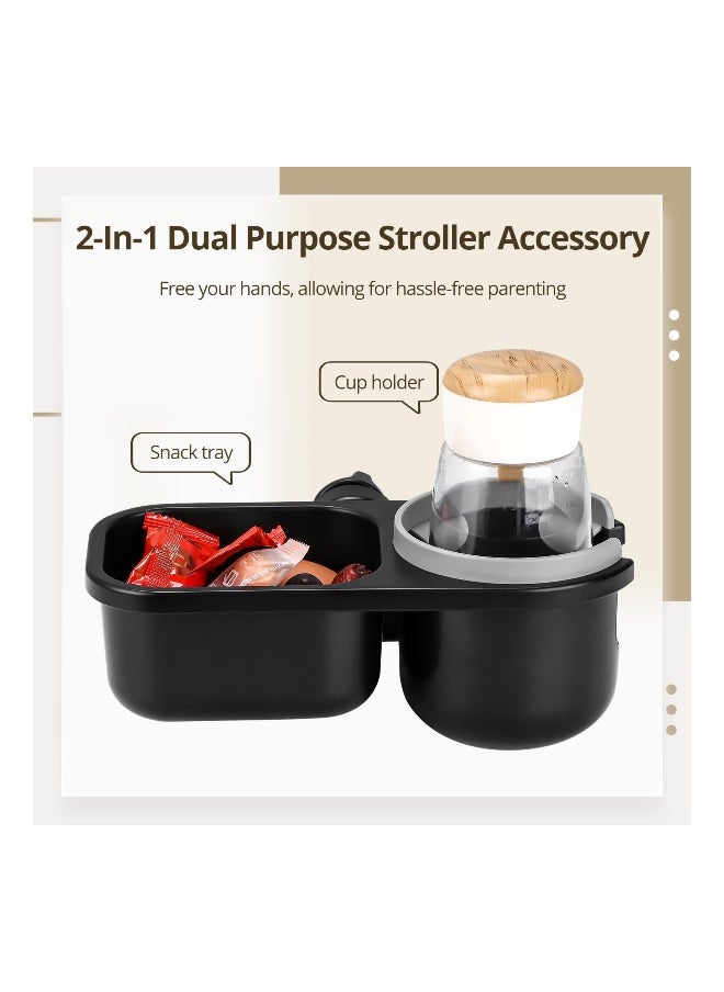 2-In-1 Stroller Cup Holder with Snack Tray, Universal Stroller Tray & Drink Holder with 360-Degree Non-Slip Clamp, Clamp Adjustable In Width, Fit All Strollers, Shopping Carts, Push Walkers(1 Pack)