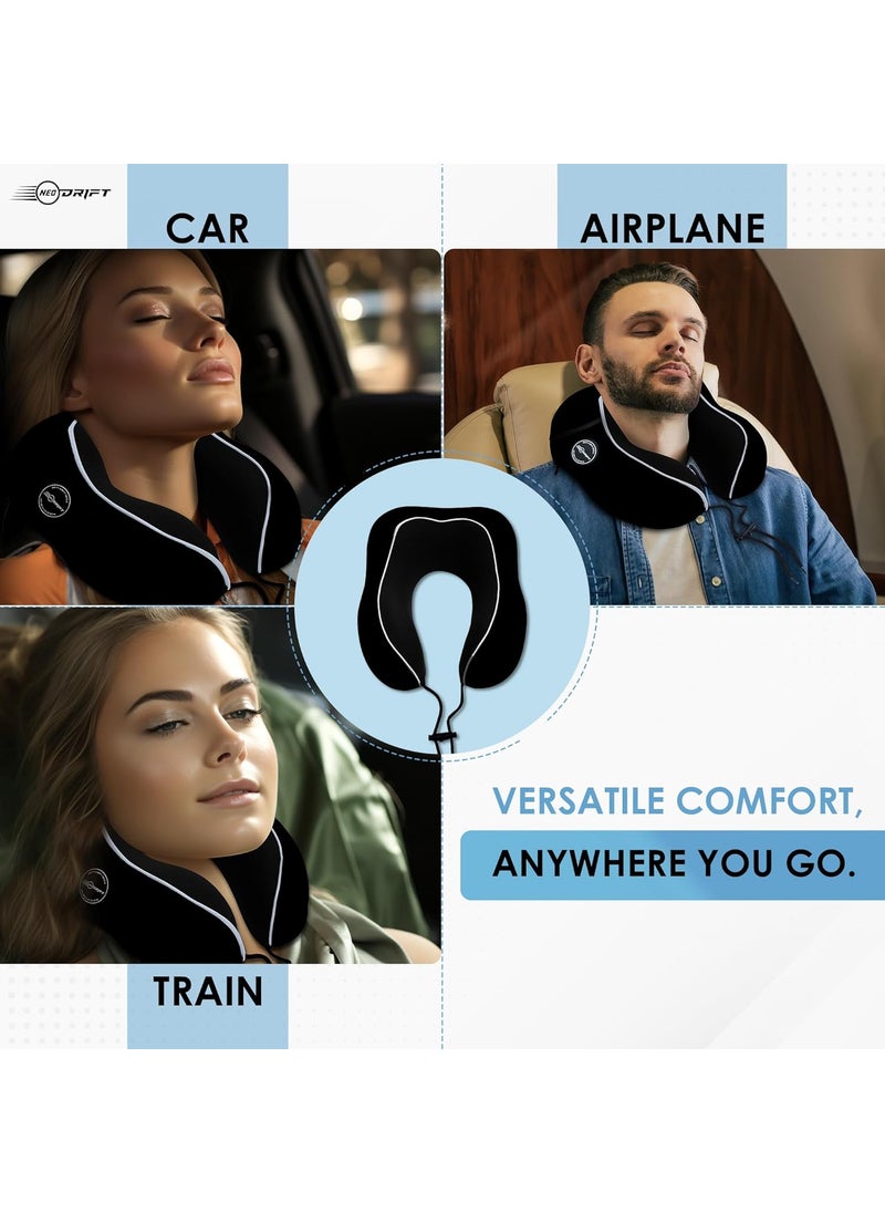 Neodrift TravelNeck Pro Travel Neck Pillow with Memory Foam Head Support for Airplane Car Train Bus and Home Use Ultimate Comfort Velvet Cushion Travel Pillow Color Black 1 Pc