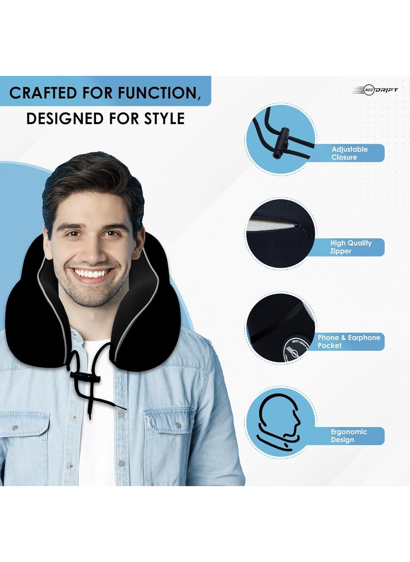 Neodrift TravelNeck Pro Travel Neck Pillow with Memory Foam Head Support for Airplane Car Train Bus and Home Use Ultimate Comfort Velvet Cushion Travel Pillow Color Black 1 Pc