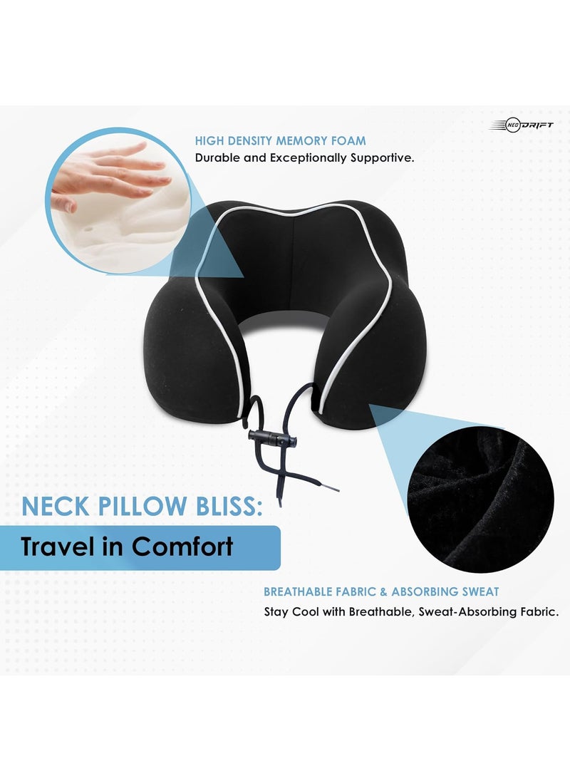 Neodrift TravelNeck Pro Travel Neck Pillow with Memory Foam Head Support for Airplane Car Train Bus and Home Use Ultimate Comfort Velvet Cushion Travel Pillow Color Black 1 Pc