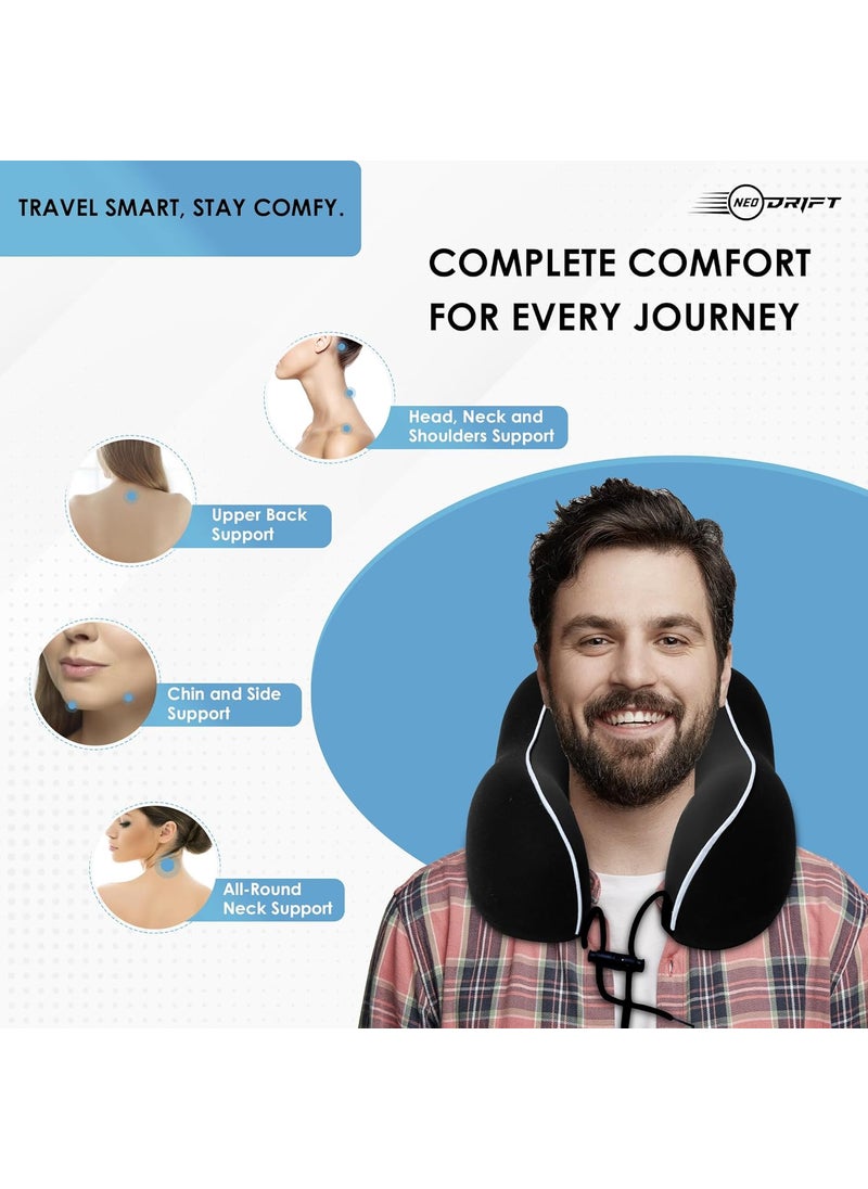 Neodrift TravelNeck Pro Travel Neck Pillow with Memory Foam Head Support for Airplane Car Train Bus and Home Use Ultimate Comfort Velvet Cushion Travel Pillow Color Black 1 Pc