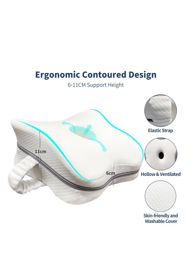 Ergonomic Memory Foam Knee Pillow for Side Sleepers - Contoured Support for Back, Hips & Knees, Pain Relief for Sciatica & Pregnancy, Breathable Cover with Adjustable Strap