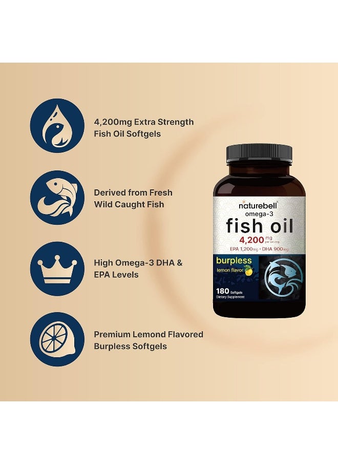 Omega 3 Fish Oil 4,200Mg, 180 Burpless Softgels, Highly Purified Epa 1,200Mg & Dha 900Mg | Lemon Flavored | Premium Wild Caught Fish From Deep Sea – Heart & Brain Support – Mercury Free & Non-Gmo