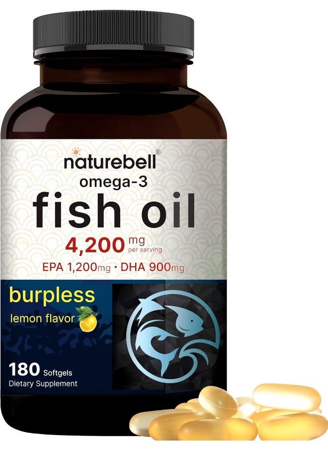 Omega 3 Fish Oil 4,200Mg, 180 Burpless Softgels, Highly Purified Epa 1,200Mg & Dha 900Mg | Lemon Flavored | Premium Wild Caught Fish From Deep Sea – Heart & Brain Support – Mercury Free & Non-Gmo