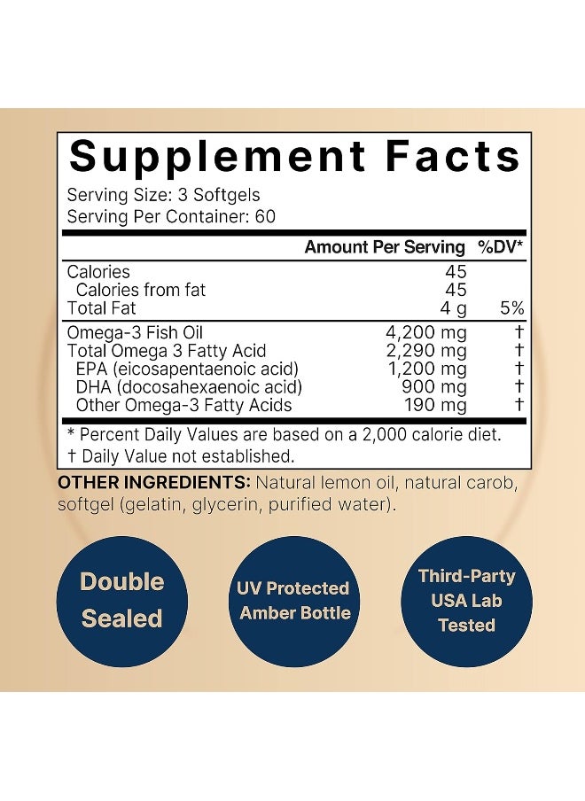 Omega 3 Fish Oil 4,200Mg, 180 Burpless Softgels, Highly Purified Epa 1,200Mg & Dha 900Mg | Lemon Flavored | Premium Wild Caught Fish From Deep Sea – Heart & Brain Support – Mercury Free & Non-Gmo