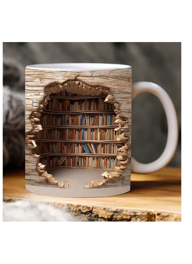 Bookshelf Mug, A Library Shelf Cup, Library Bookshelf Mug, Book Lovers Coffee Mug, Creative Space Design Multi-Purpose Ceramic Mug, Cool Gifts for Readers Bookish White Mug