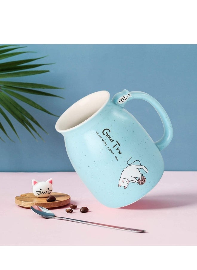 Cat Mug C ute Ceramic Coffee Cup with Lovely Kitty wooden lid Stainless Steel Spoon, Novelty Morning Cup Tea Milk C hristmas Mug, Tea Water Milk Mugs for Home Office Drinkware Gift 330MLBlue