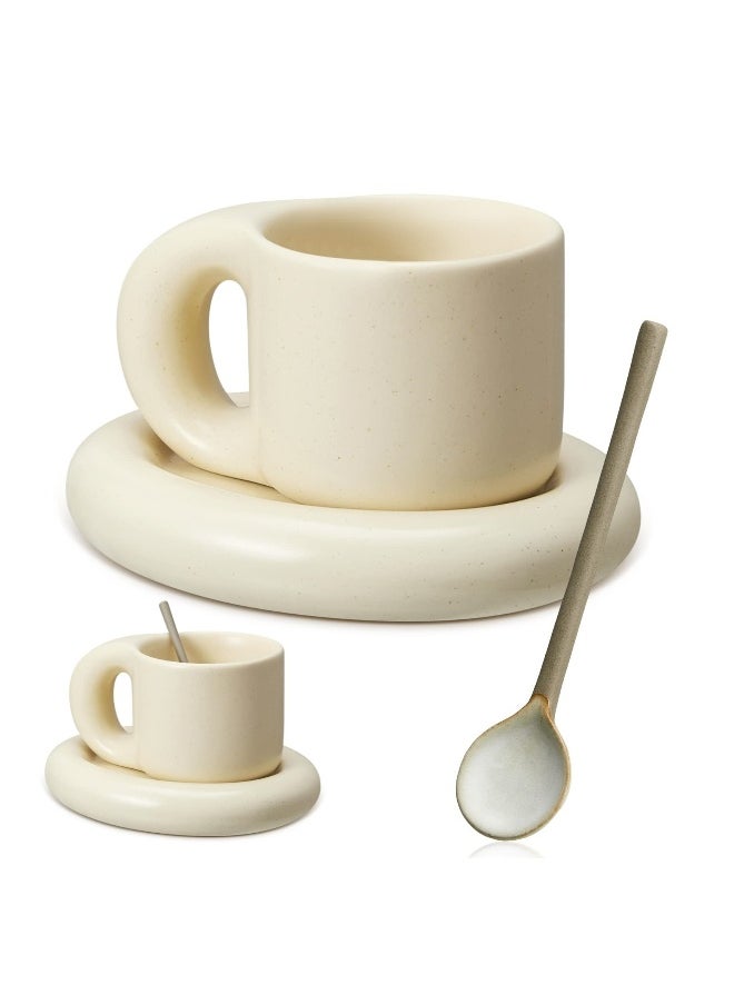 Coffee Mug with Saucer and Spoon, 9 Oz Vintage Frosted Handmade Ceramic Mug Novelty Cup and Saucer with Fat Handle for Office Home Latte Tea Milk