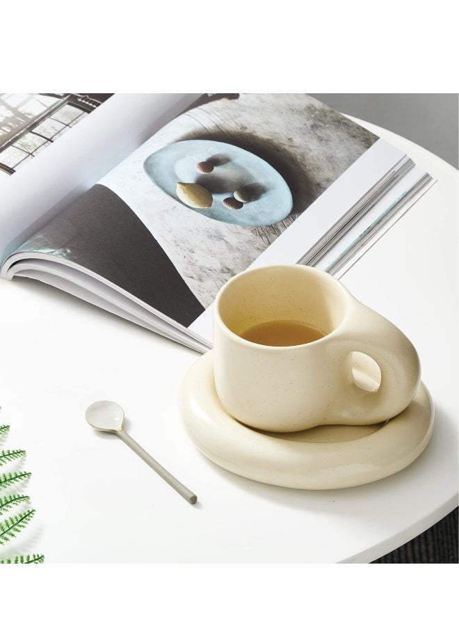 Coffee Mug with Saucer and Spoon, 9 Oz Vintage Frosted Handmade Ceramic Mug Novelty Cup and Saucer with Fat Handle for Office Home Latte Tea Milk