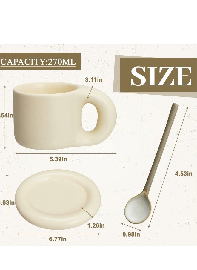 Coffee Mug with Saucer and Spoon, 9 Oz Vintage Frosted Handmade Ceramic Mug Novelty Cup and Saucer with Fat Handle for Office Home Latte Tea Milk