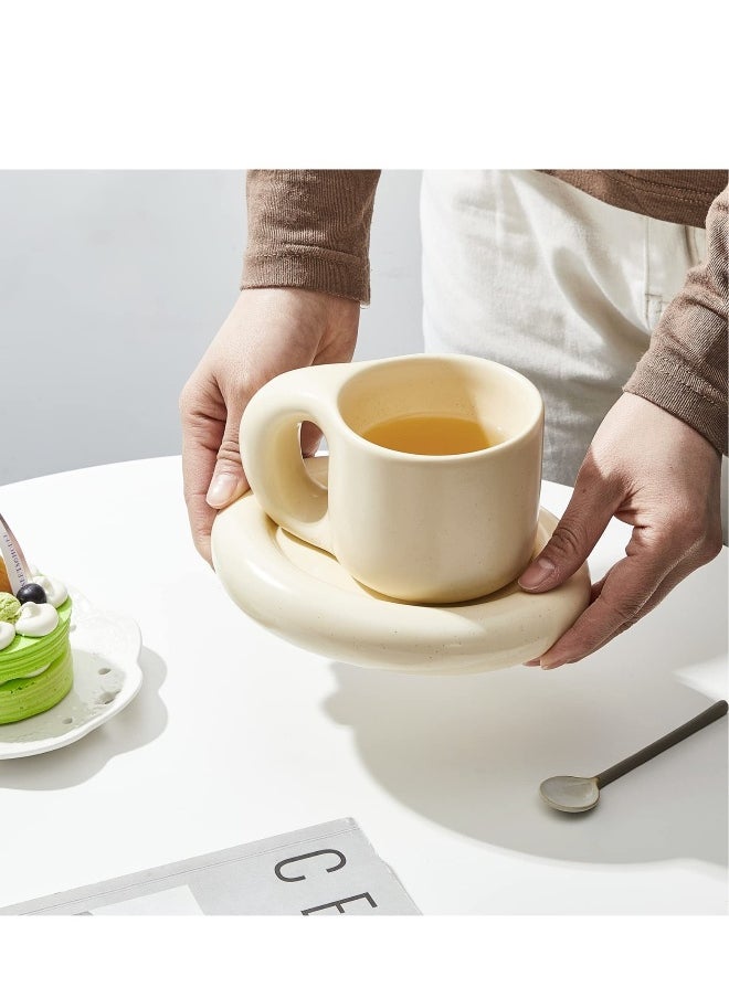 Coffee Mug with Saucer and Spoon, 9 Oz Vintage Frosted Handmade Ceramic Mug Novelty Cup and Saucer with Fat Handle for Office Home Latte Tea Milk