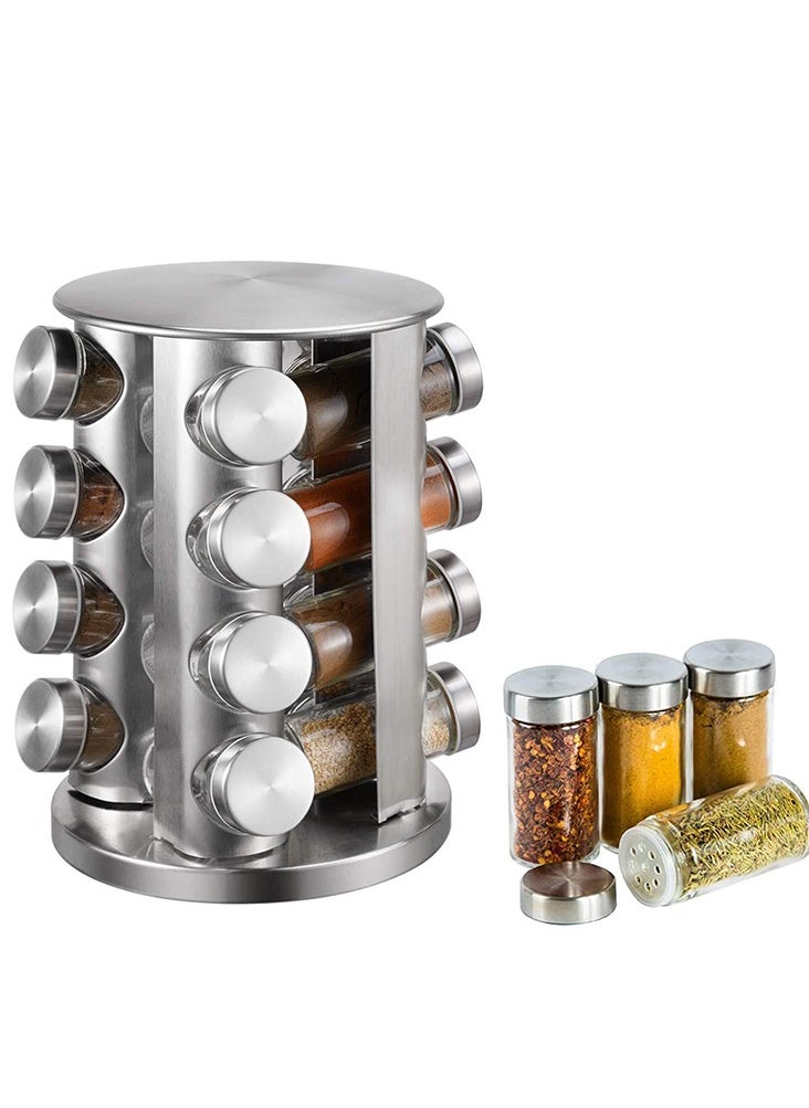 12-Piece Spice Rack Organizer – Rotary Seasoning Bottle Storage Holder with Stainless Steel Lids – Kitchen Countertop Spice Rack Set with Clear Jars for Herbs, BBQ & Cooking