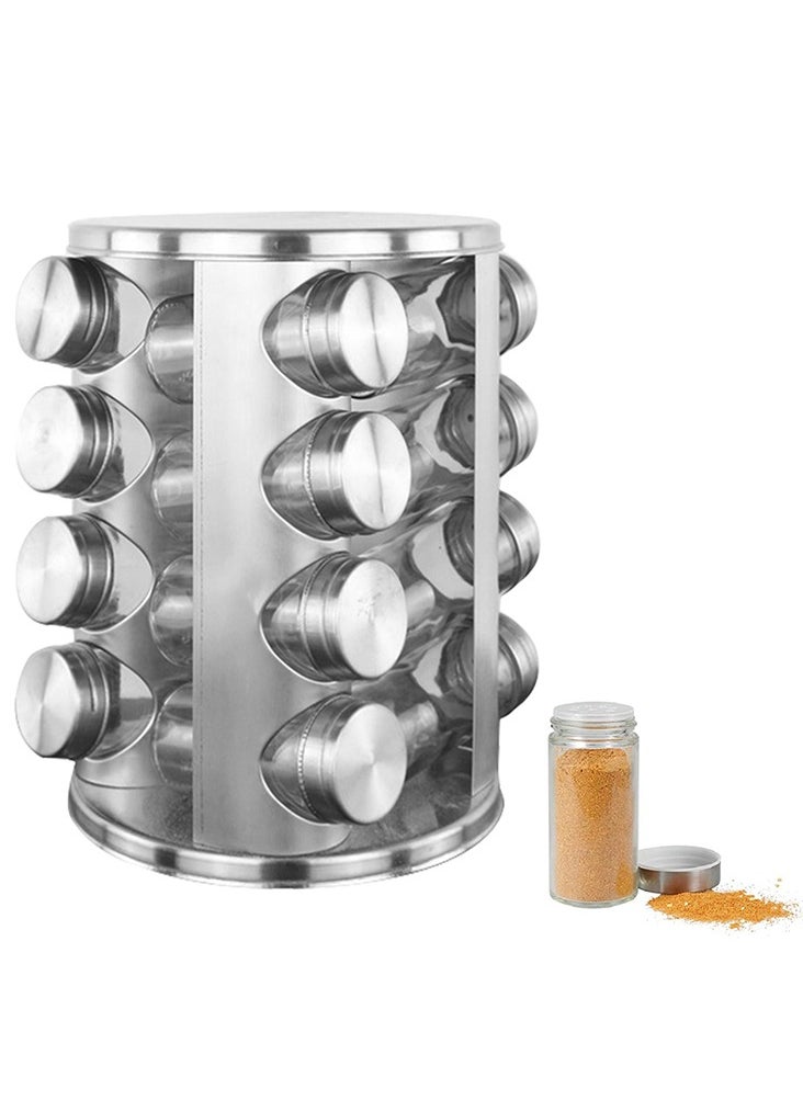 12-Piece Spice Rack Organizer – Rotary Seasoning Bottle Storage Holder with Stainless Steel Lids – Kitchen Countertop Spice Rack Set with Clear Jars for Herbs, BBQ & Cooking