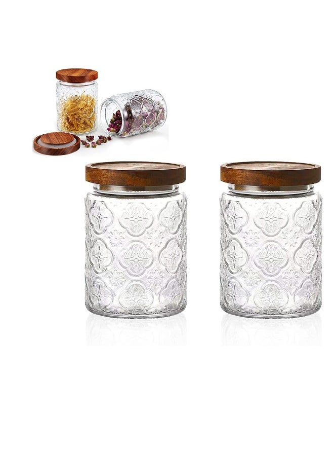 Glass Storage Jars Vintage, 24 oz Glass Food Storage Containers with Airtight Wooden Lid, Kitchen Glass Canister for Cookie Candy Coffee Oats Spice Flour Nuts 2 Pack