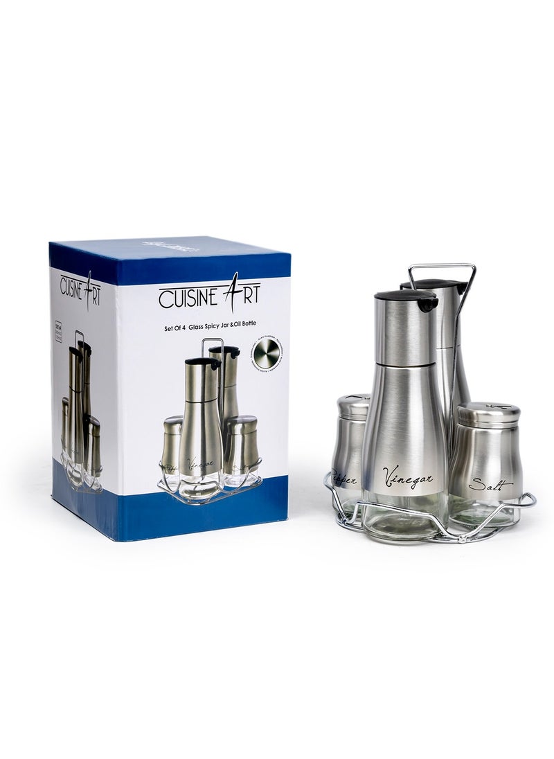 Stainless Steel & Glass Condiment Set – Elegant Oil, Vinegar & Spice Organizer