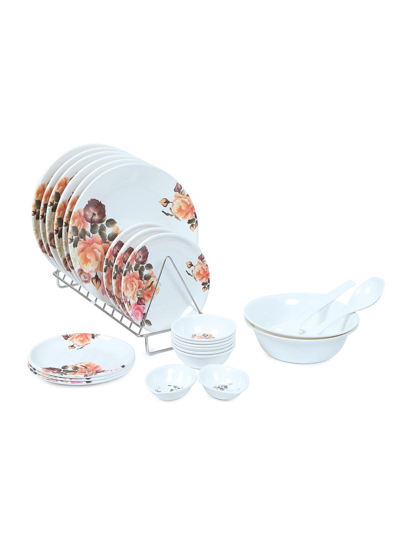 Golden Fish Melamine Floral Printed Full Size DinnerDining Set Pack of 24 PcsWhite Pink