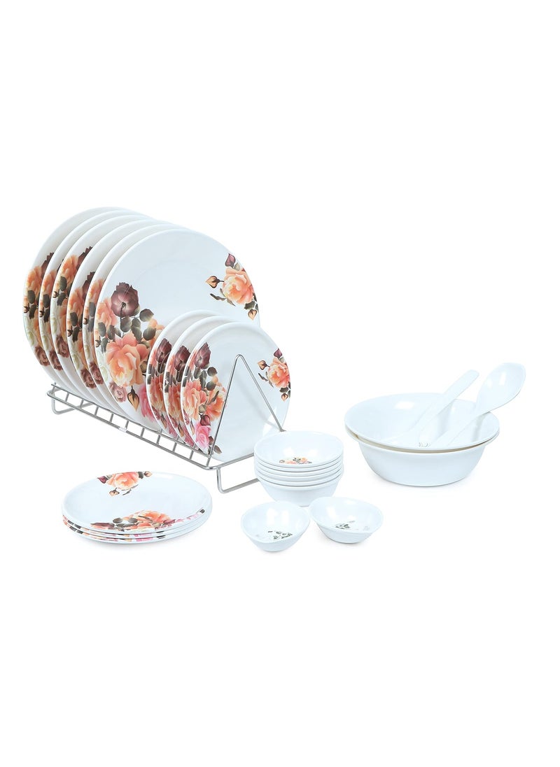 Golden Fish Melamine Floral Printed Full Size DinnerDining Set Pack of 24 PcsWhite Pink
